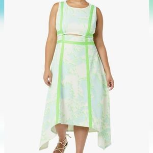 High Low White and Green A-Line Dress with Sleeveless Design and Scoop Neck